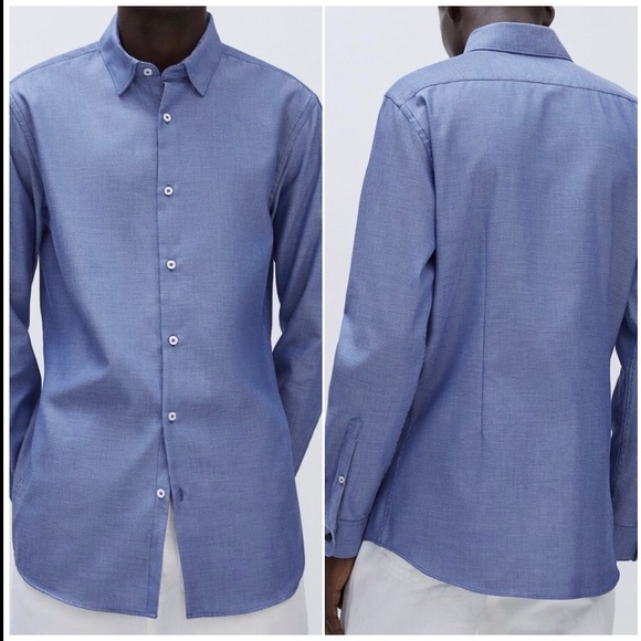 ZARA Blue/White Textured Weave Button Down Shirt - Picture 2 of 8
